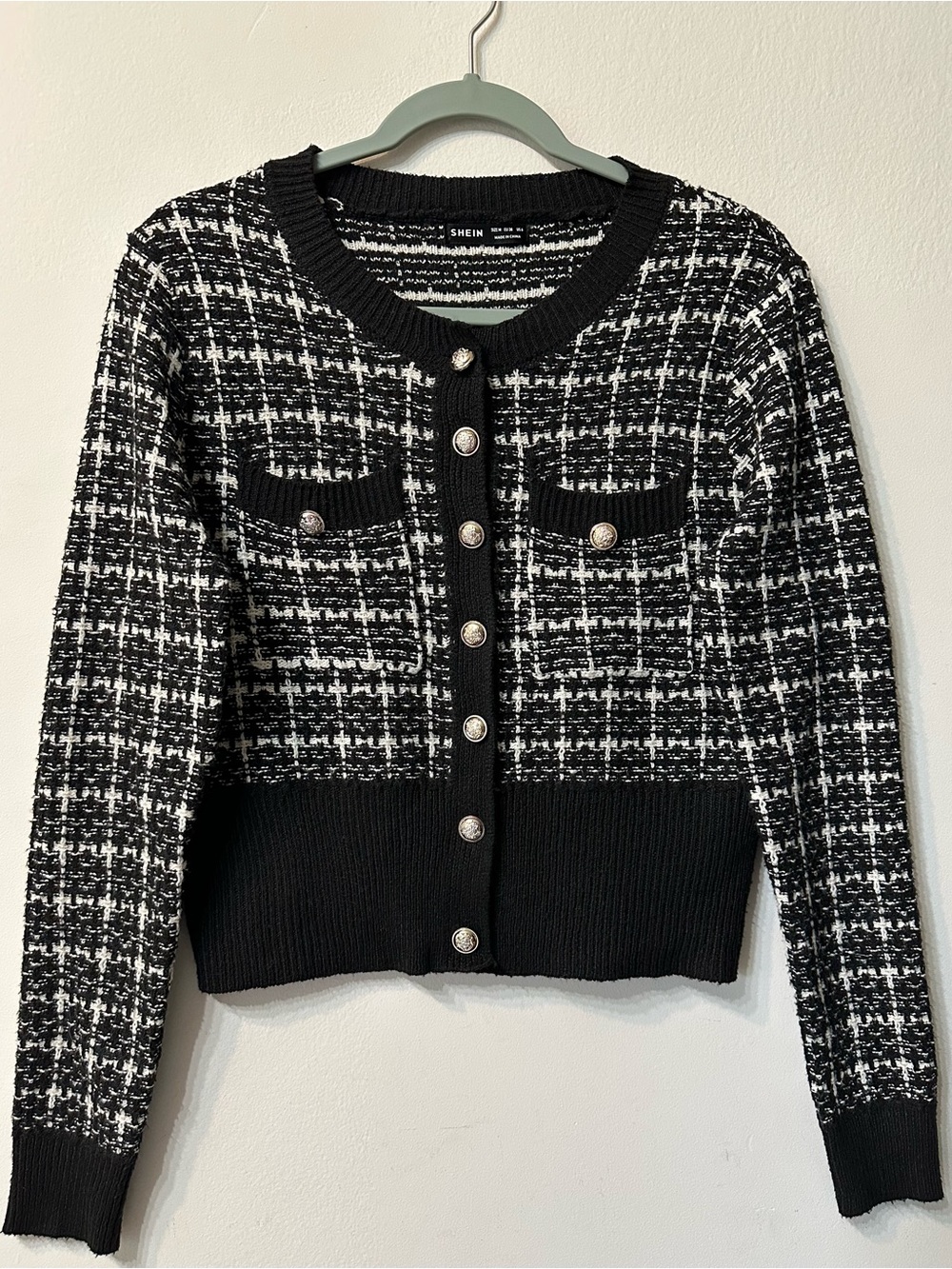 SHEIN Black White Check Knit Cardigan Sweater Button Pockets Crew Neck M